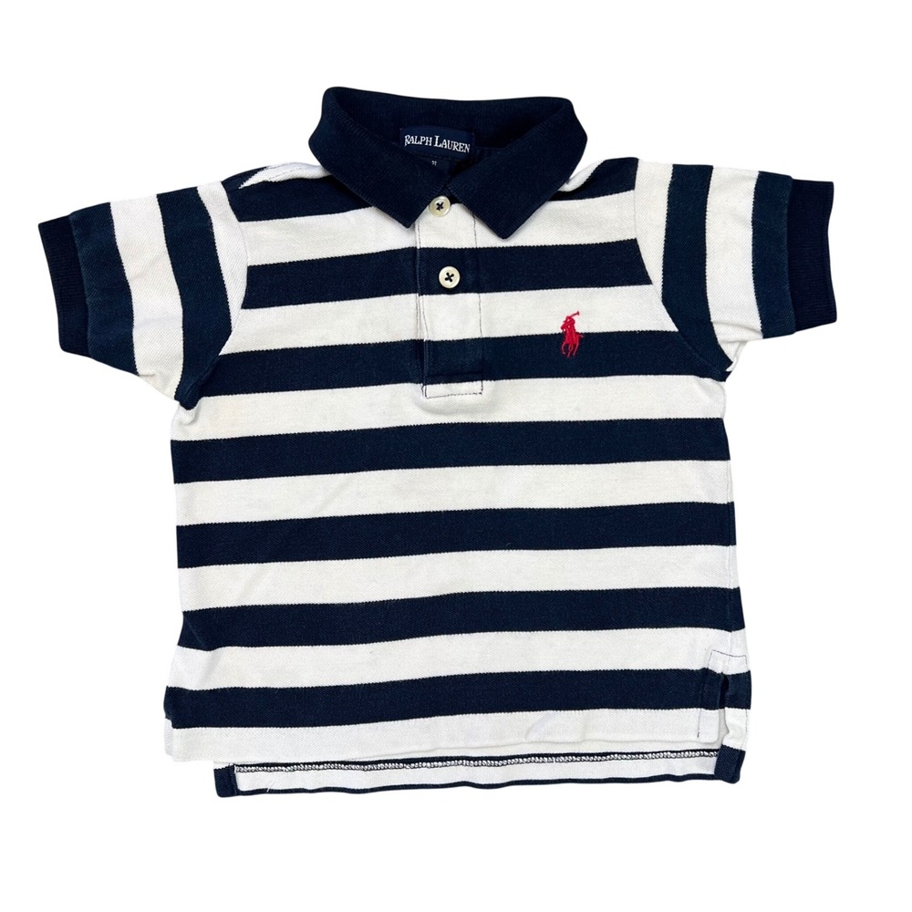 Ralph Lauren Kids 2T Navy Blue White Striped Short Sleeve Polo Shirt Pony Logo